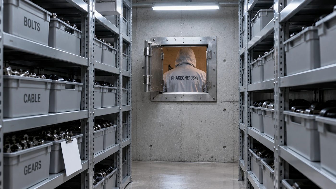 The back of a gray coverall stenciled PHASEONE10841 at a hatch in a long white corridor with a steel shelf.