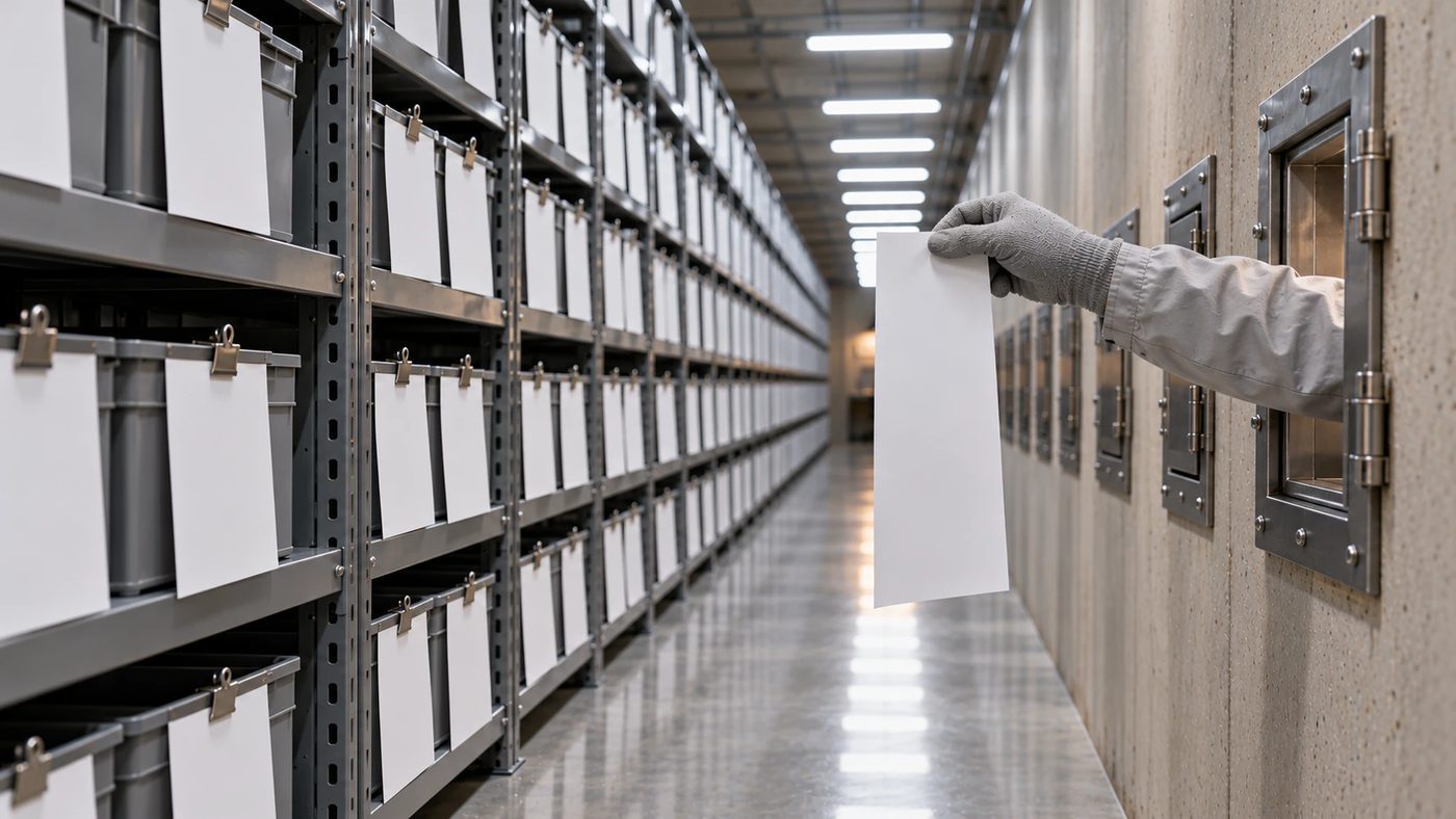 A gray arm reaching through a hatch holding a long white sheet at a shelf covered in notes.