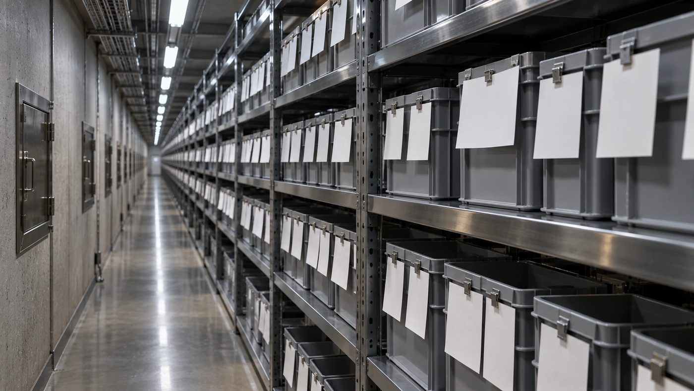 A dense wall of white notes pinned along steel bins in a corridor, with the rooms beyond the hatches dark.