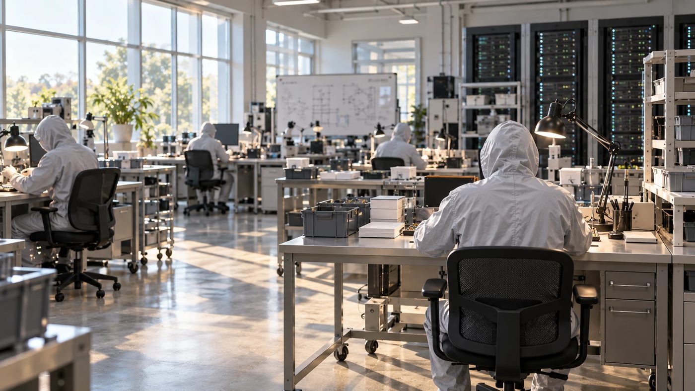 A researcher standing behind a worker in a gray coverall at an open lab bench, watching over its shoulder.