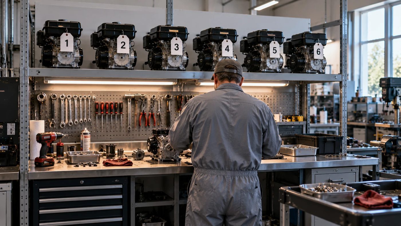 A mechanic at a bench with a long shelf above holding a row of numbered copies of the same small engine.