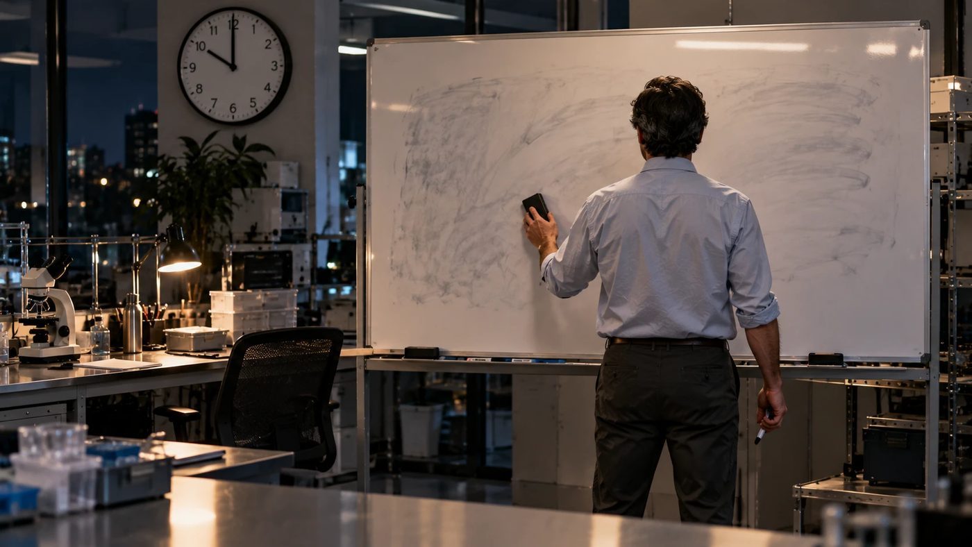 A scientist at a freshly wiped whiteboard at night, an eraser in one hand and a marker in the other, a wall clock at ten.