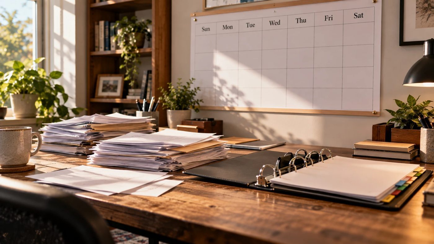 A home office desk with piles of printed pages beside an empty ring binder with index tabs, a wall calendar above.