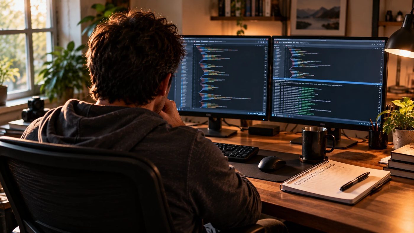 A developer at a desk with two screens, code on the screen and a notepad of test names beside the keyboard.