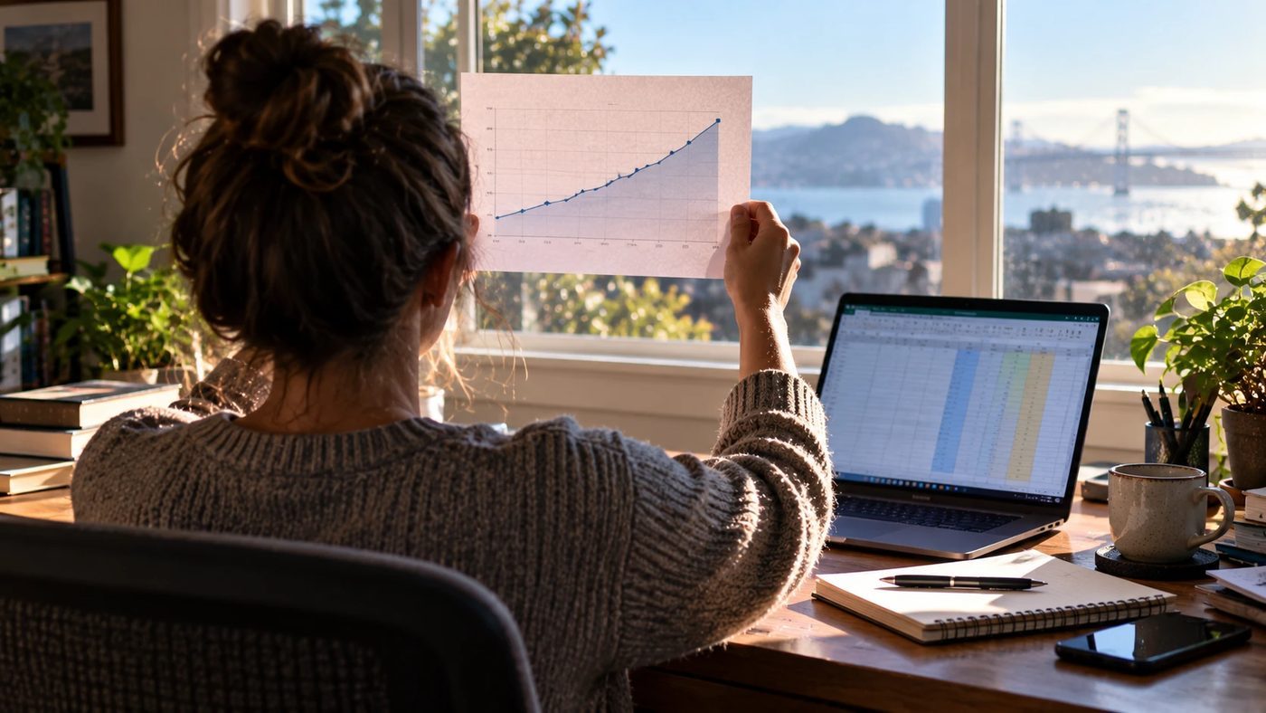 A researcher at a desk holding a printed upward-sloping graph up to the window light, a laptop spreadsheet beside them.
