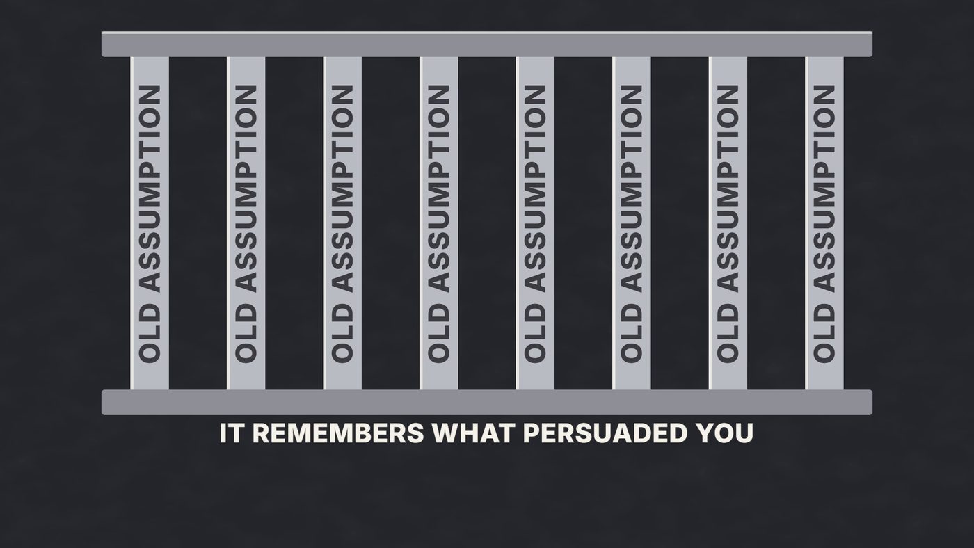 A row of bars, each labeled old assumption, over the caption it remembers what persuaded you.
