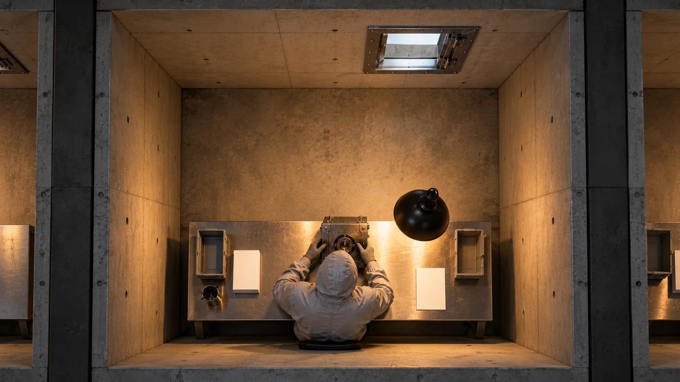 Looking straight down into one sealed concrete room with a worker at a bench, a locked steel puzzle box, and a small hatch in the wall.