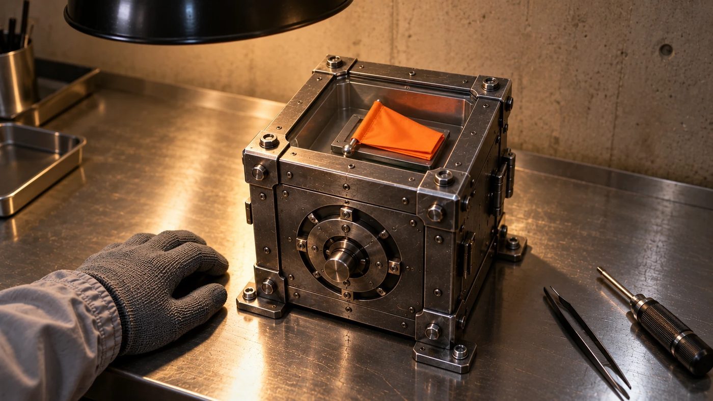 A small steel puzzle box with a glass top and a bright orange flag inside, on a workbench.