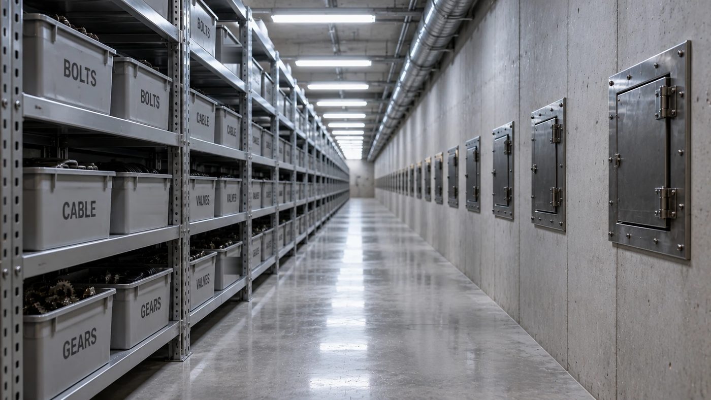A long steel parts shelf with gray bins under white strip light, and a row of small closed hatches along the opposite wall.