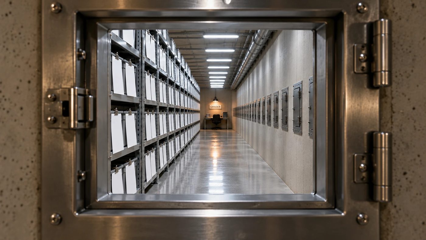 Seen through a small square hatch, a bright corridor with notes pinned to bins and a distant desk with a GRADER sign.