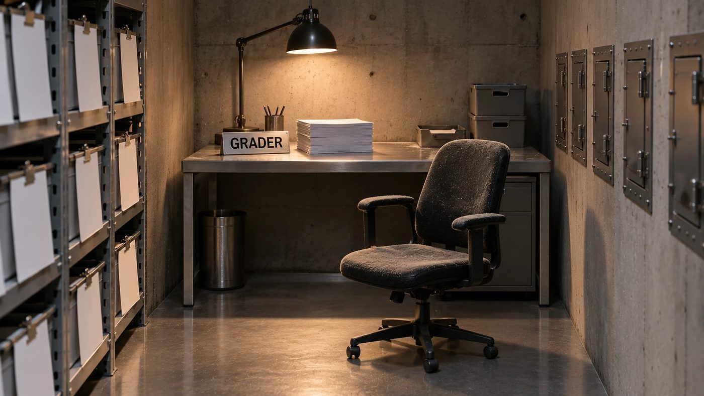 A desk with a GRADER sign, untouched paper, and an empty chair pulled out with dust on the seat.