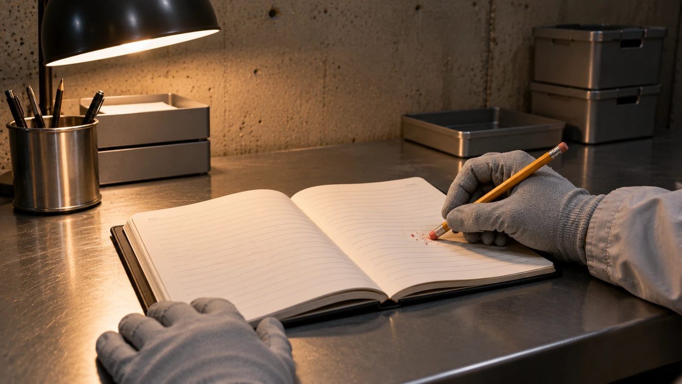 A hand holding a pencil eraser over a line in an open logbook, half rubbed out.