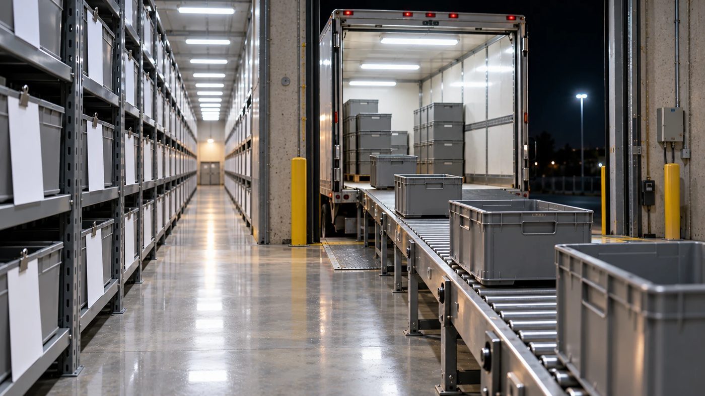 The end of a shelf corridor with a loading-dock door open to the night and crates coming off a plain truck.