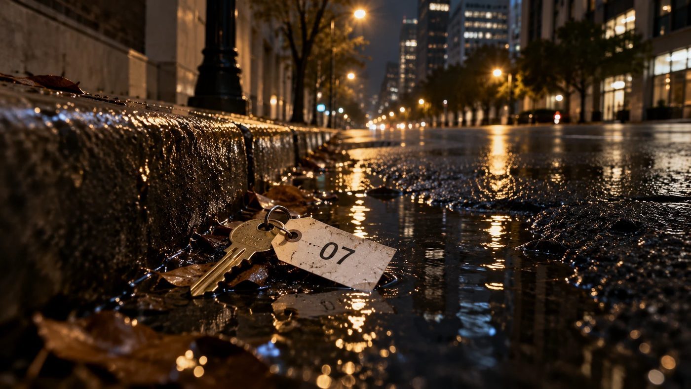 A brass key on a paper tag lying in a wet street gutter under a streetlight at night.