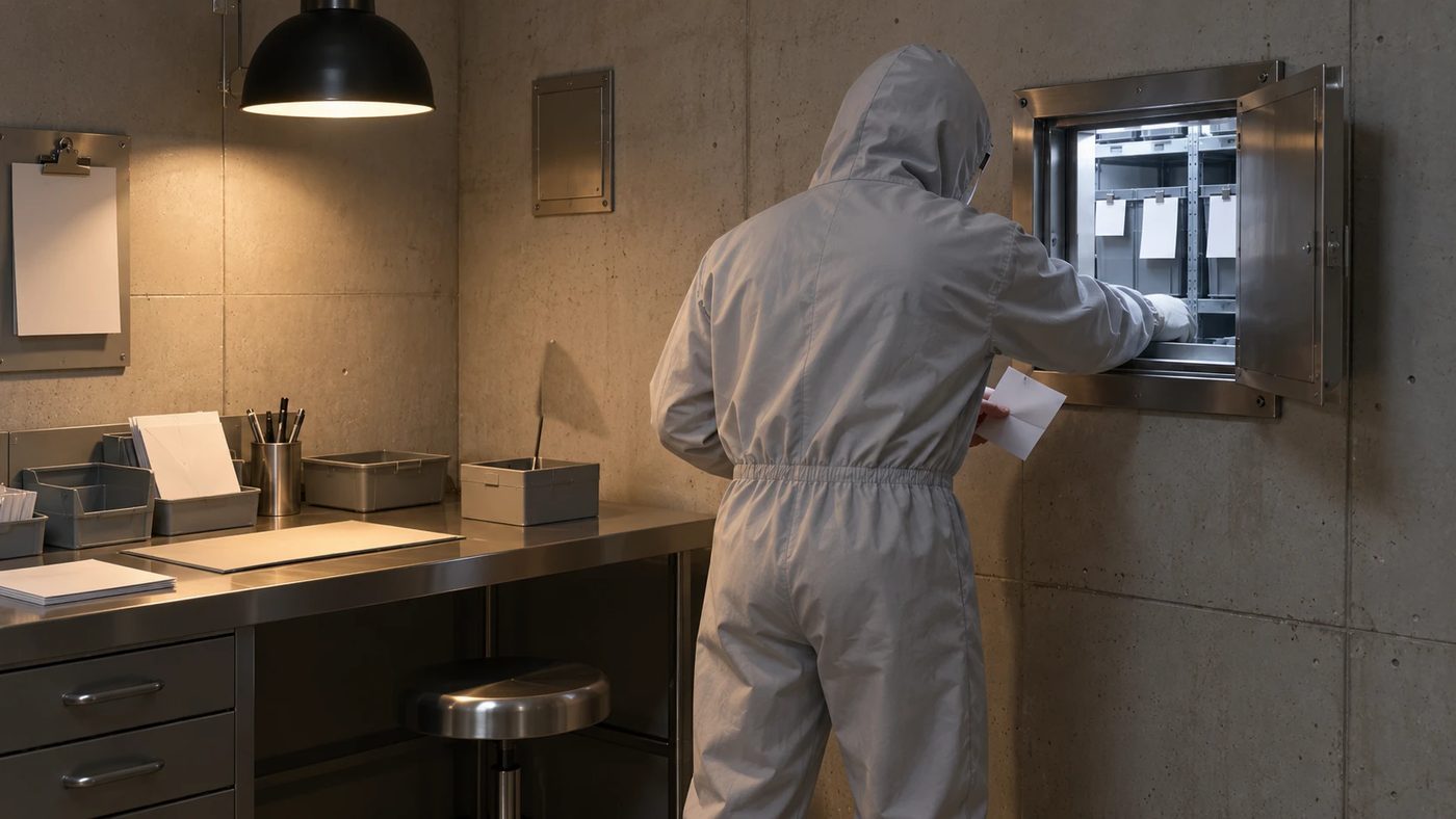 A worker in a gray coverall at an open hatch holding a folded note, one hand already reaching through, a locked box left untouched on the bench.