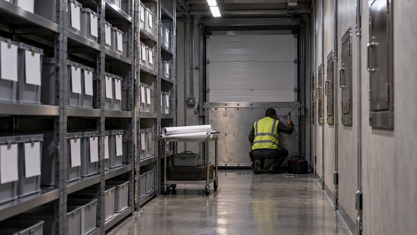 A maintenance technician in a hi-vis vest bolting a steel plate over the lower opening of a loading-dock door.