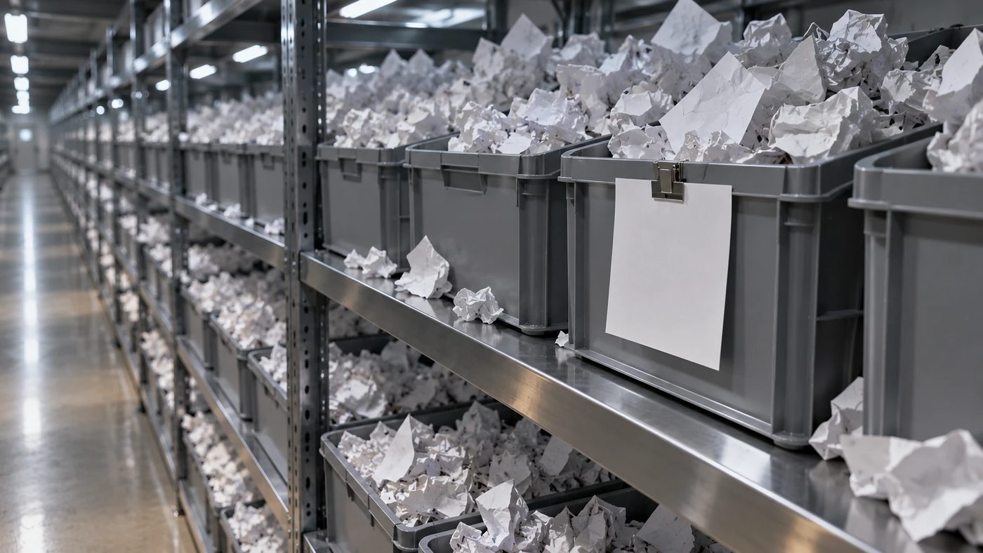 A bin overflowing with crumpled and torn white notes, and one neat note still pinned flat to the bin.