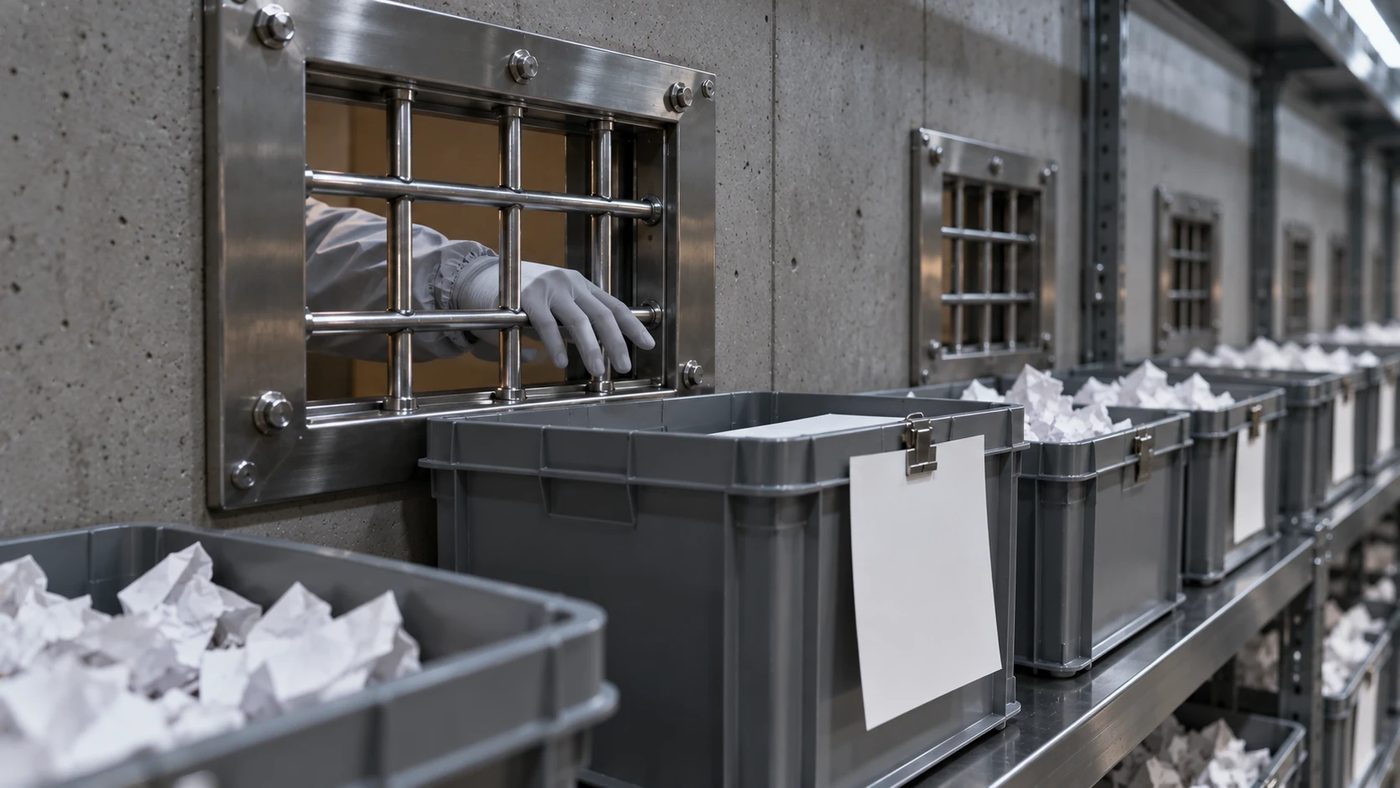 A gray gloved arm reaching through a hatch toward a bin, stopped by a steel grille bolted across it.