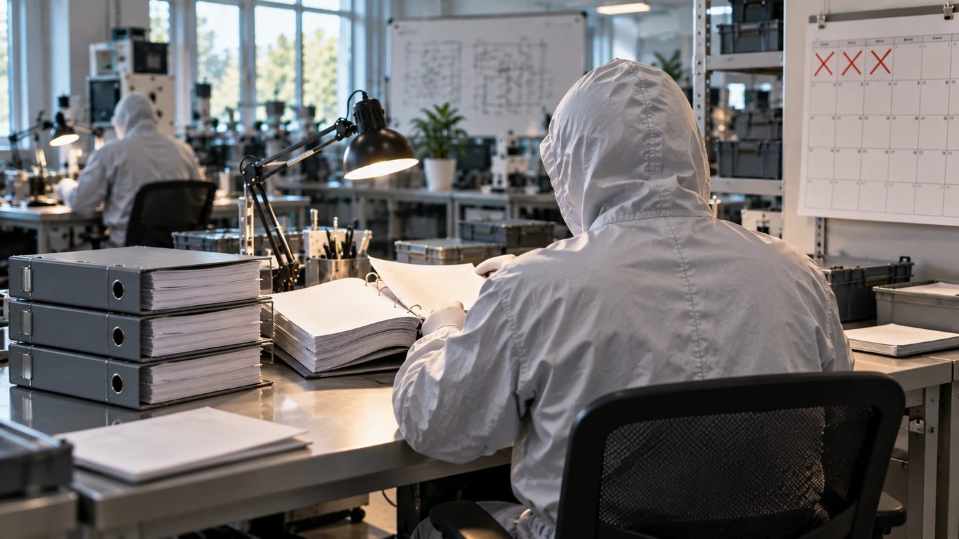 A worker in a gray coverall at an open lab bench with three thick research folders, and a wall calendar with three days crossed off.