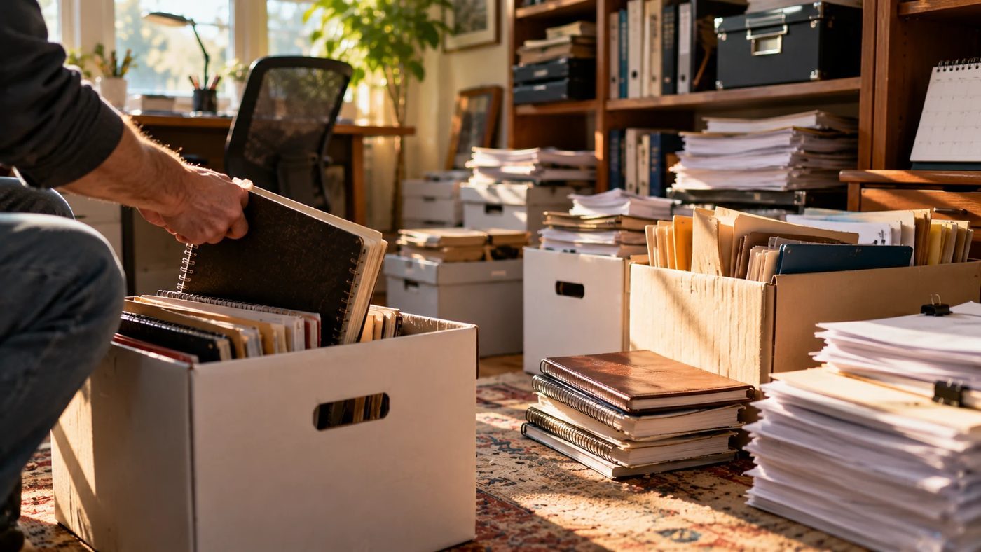 A home office with boxes of printed email, filled notebooks and folders, a hand lifting one old notebook from a box.