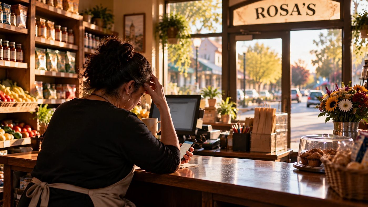 A shop owner at a counter at 7 AM with coffee in one hand and the other hand on their forehead, looking down at a phone.
