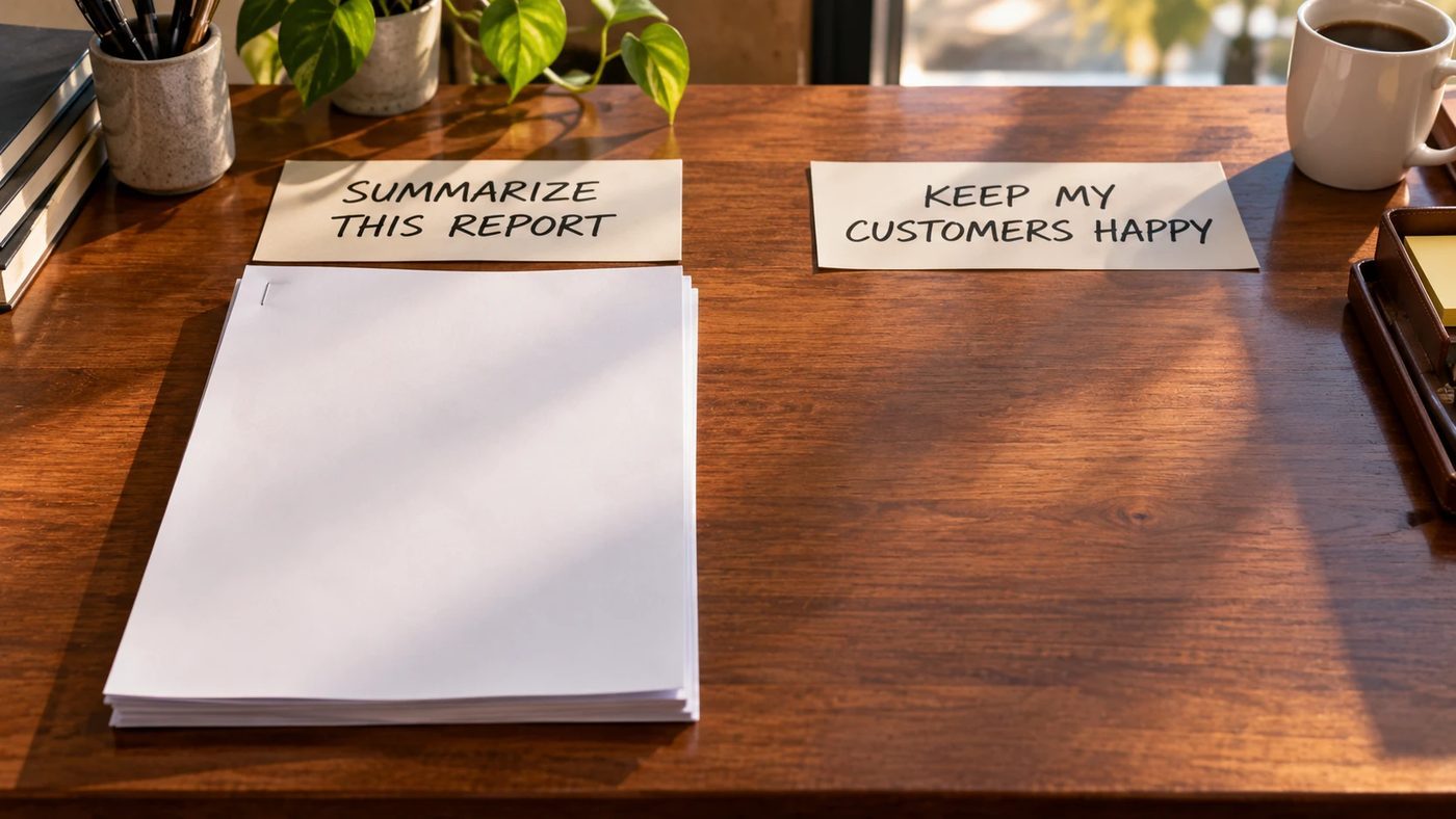 Two paper job slips on a desk: SUMMARIZE THIS REPORT with a stapled report under it, and KEEP MY CUSTOMERS HAPPY with nothing under it.