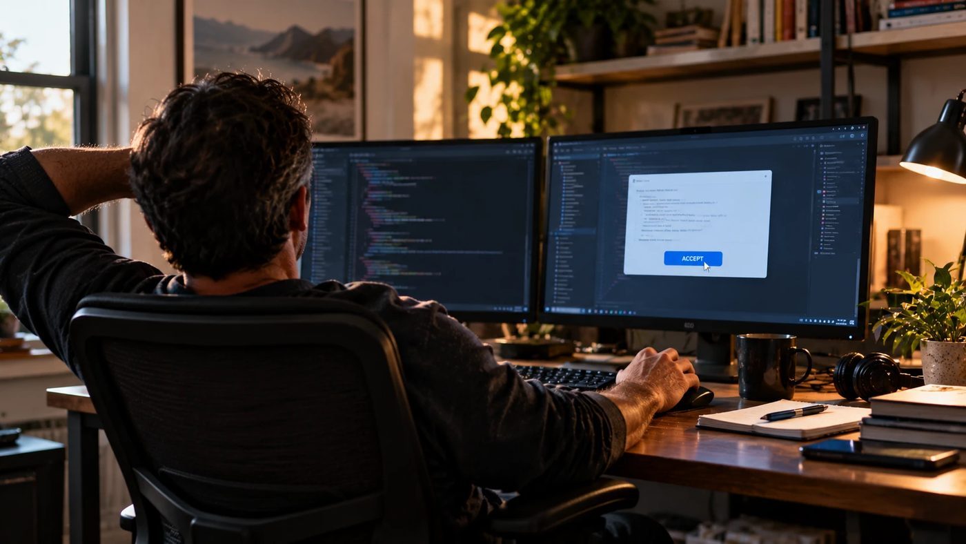 A developer leaning back from a two-screen desk, a dialog on screen with one button reading ACCEPT, just pressed.