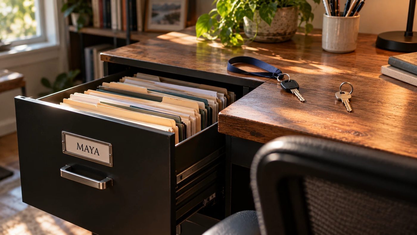 A filing drawer pulled open with a label reading MAYA, and two keys on the desk beside it, one on a company lanyard.