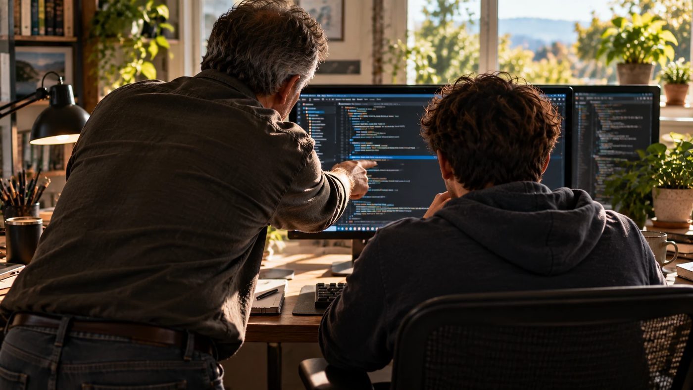 An experienced engineer standing behind a younger one at a screen, pointing at a single line.