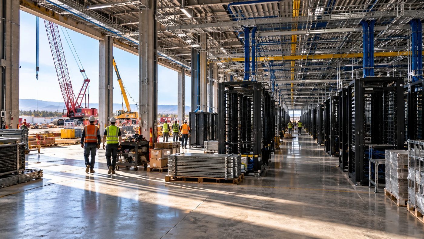 A vast data center under construction with a steel frame, cable trays, empty server racks and a crane outside the open wall.