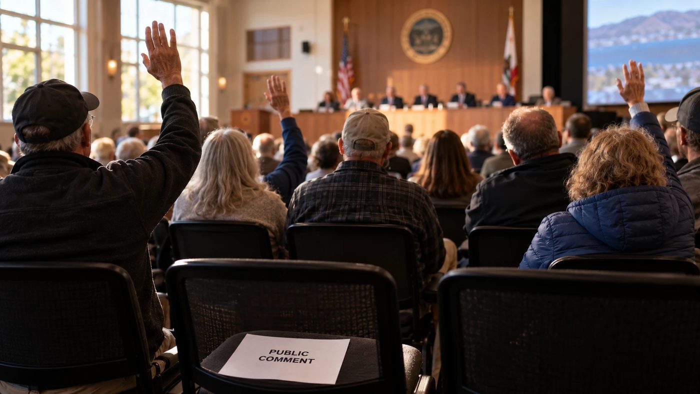 A town hall meeting seen from the back rows, residents with hands raised, an agenda on an empty chair reading PUBLIC COMMENT.
