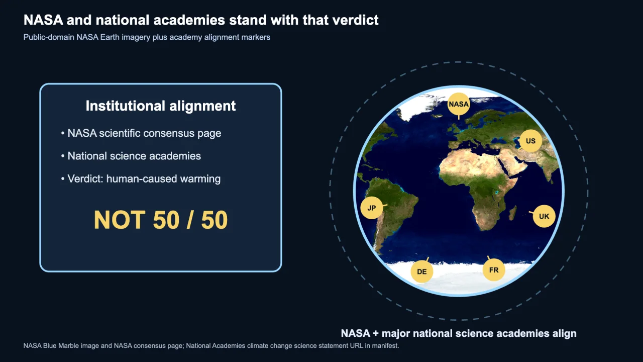 A globe with markers for the United States, United Kingdom, France, Germany and Japan, beside a panel reading NASA scientific consensus page, national science academies, verdict human-caused warming, not fifty-fifty.