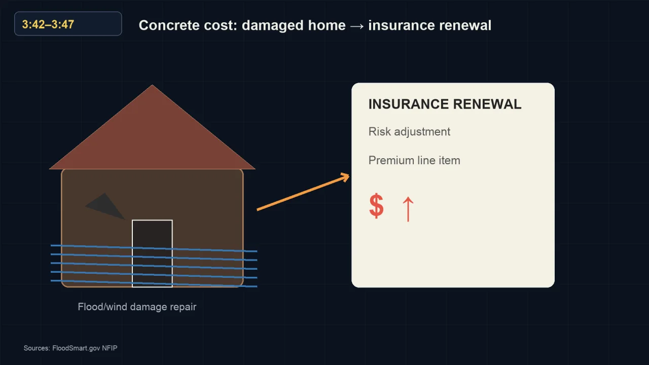 A house with floodwater across its lower half, an arrow leading to an insurance renewal notice with a rising dollar figure.
