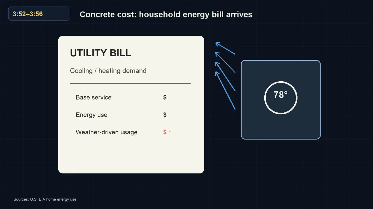 A utility bill listing base service, energy use and weather-driven usage, beside a thermostat reading 78 degrees.