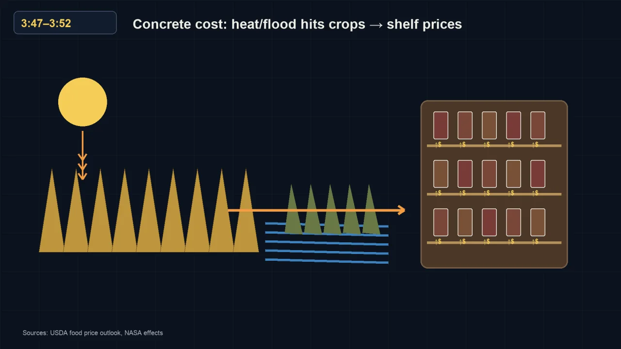 Sun beating down on a dried crop and floodwater across another, with an arrow to supermarket shelves marked with rising prices.