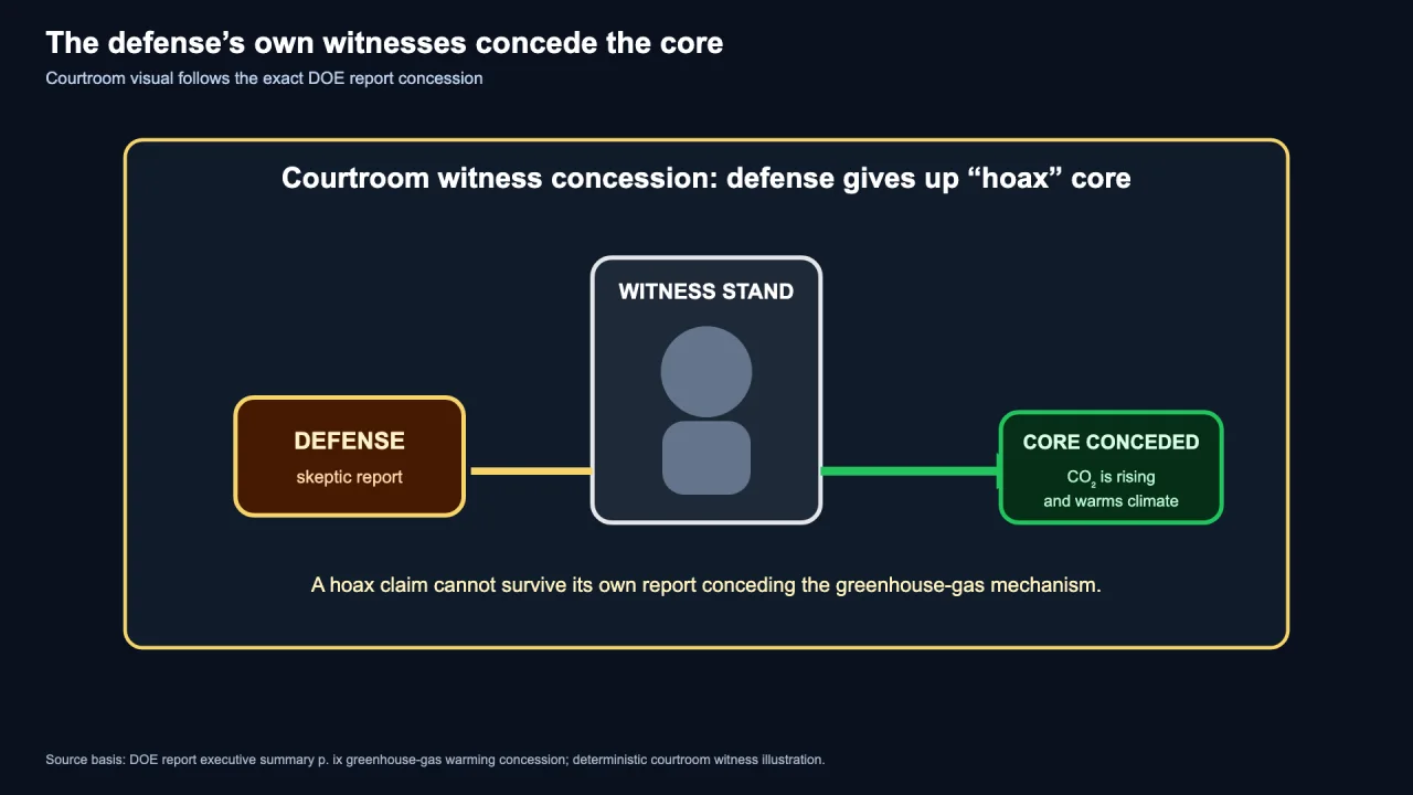 A courtroom diagram: the defense, labeled skeptic report, connects through a witness stand to a green box reading core conceded, CO2 is rising and warms climate.