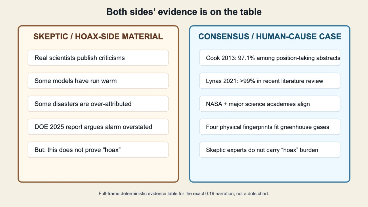 Two columns side by side: the skeptic side's material on the left, the consensus side's material on the right.