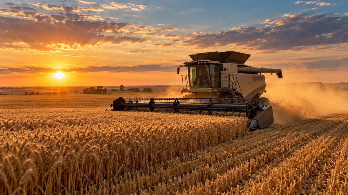 A combine harvester cutting a golden field in low sun