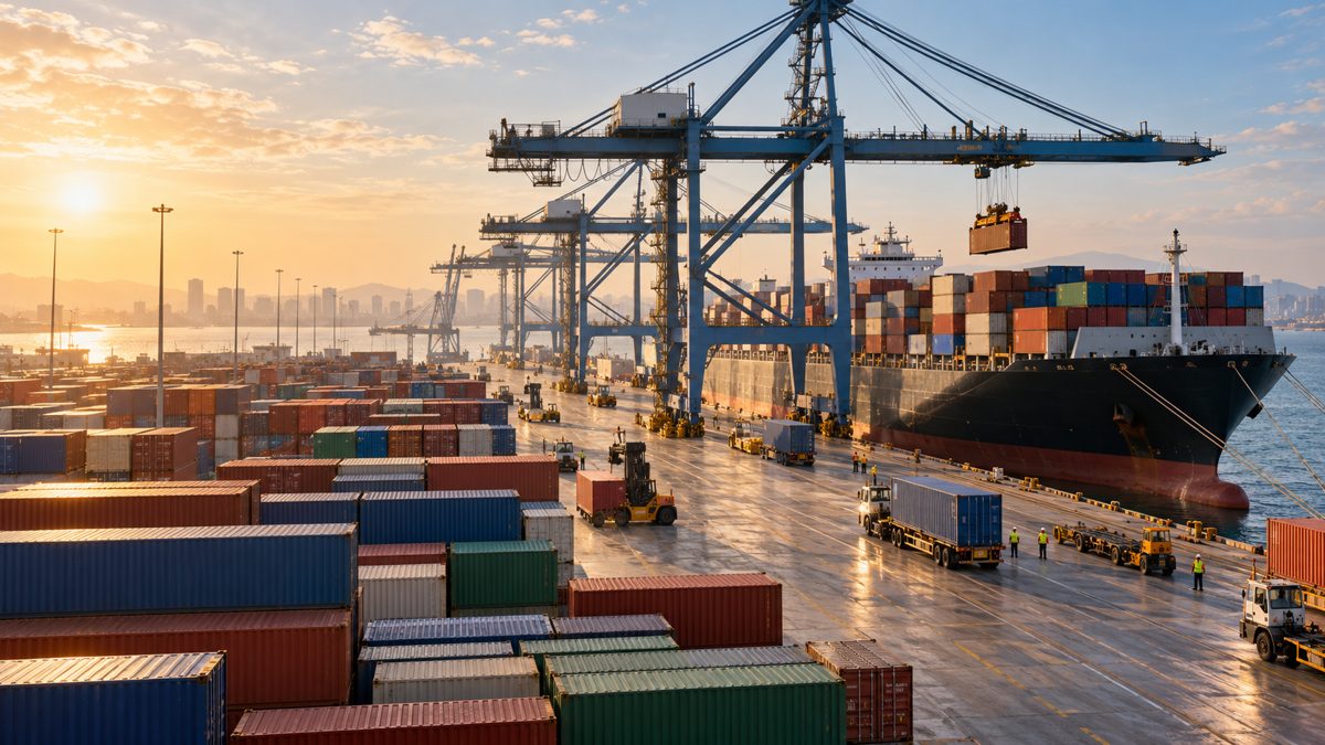 Stacked shipping containers and a cargo ship at a port with cranes overhead