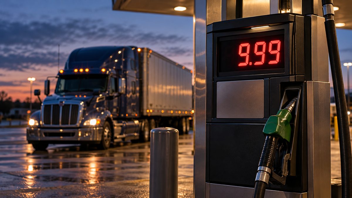 A diesel pump at dusk with its price display showing 9.99 and a semi truck waiting behind it
