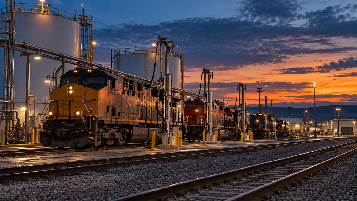 Diesel locomotives lined up at a railroad fuel yard beside storage tanks