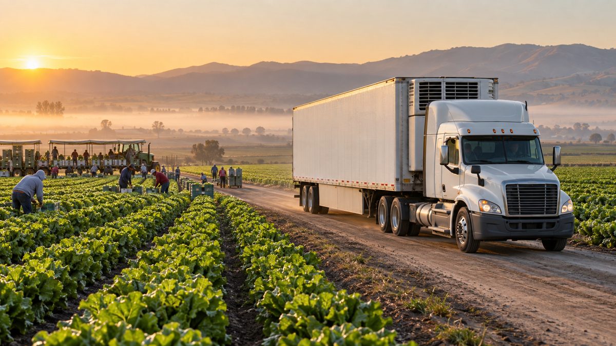 A refrigerated truck trailer leaving a lettuce field in California at early morning