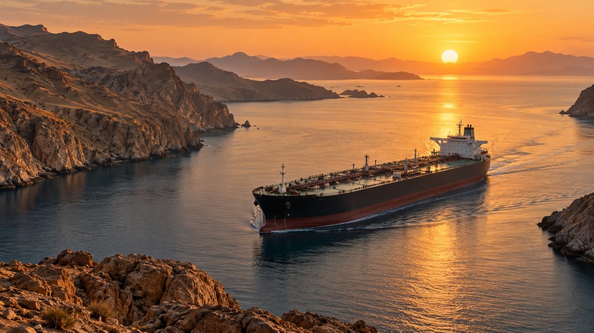 An oil tanker passing through a narrow strait between two rocky coastlines at sunset
