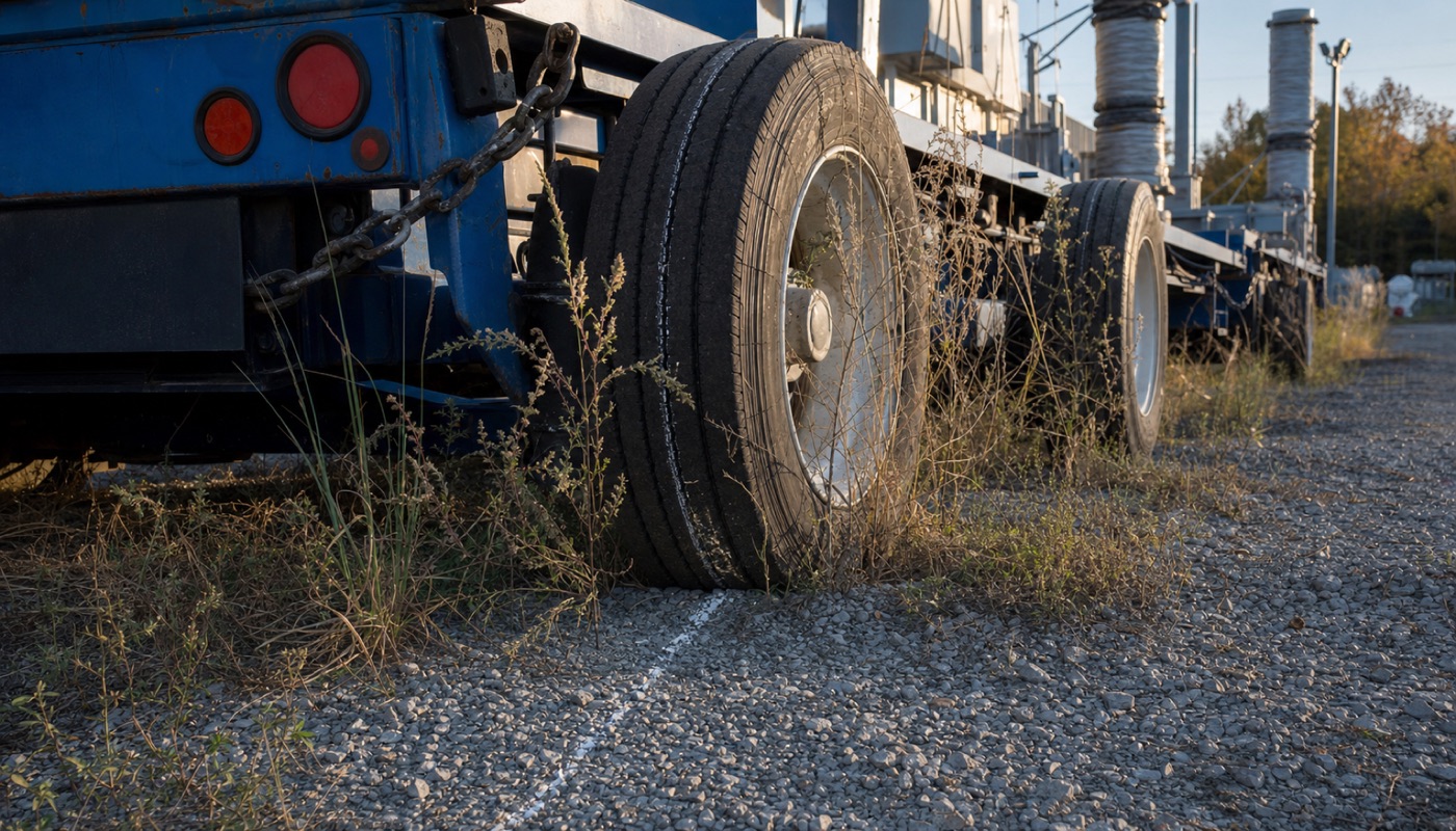 Somebody chalked the tire to prove the generator was temporary. The same tire months later, weeds grown over it.