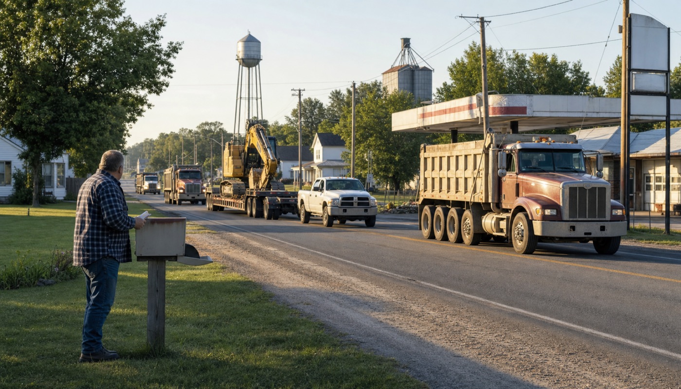 Trucks arriving at the edge of a town. Often this is the first anyone local sees of it.