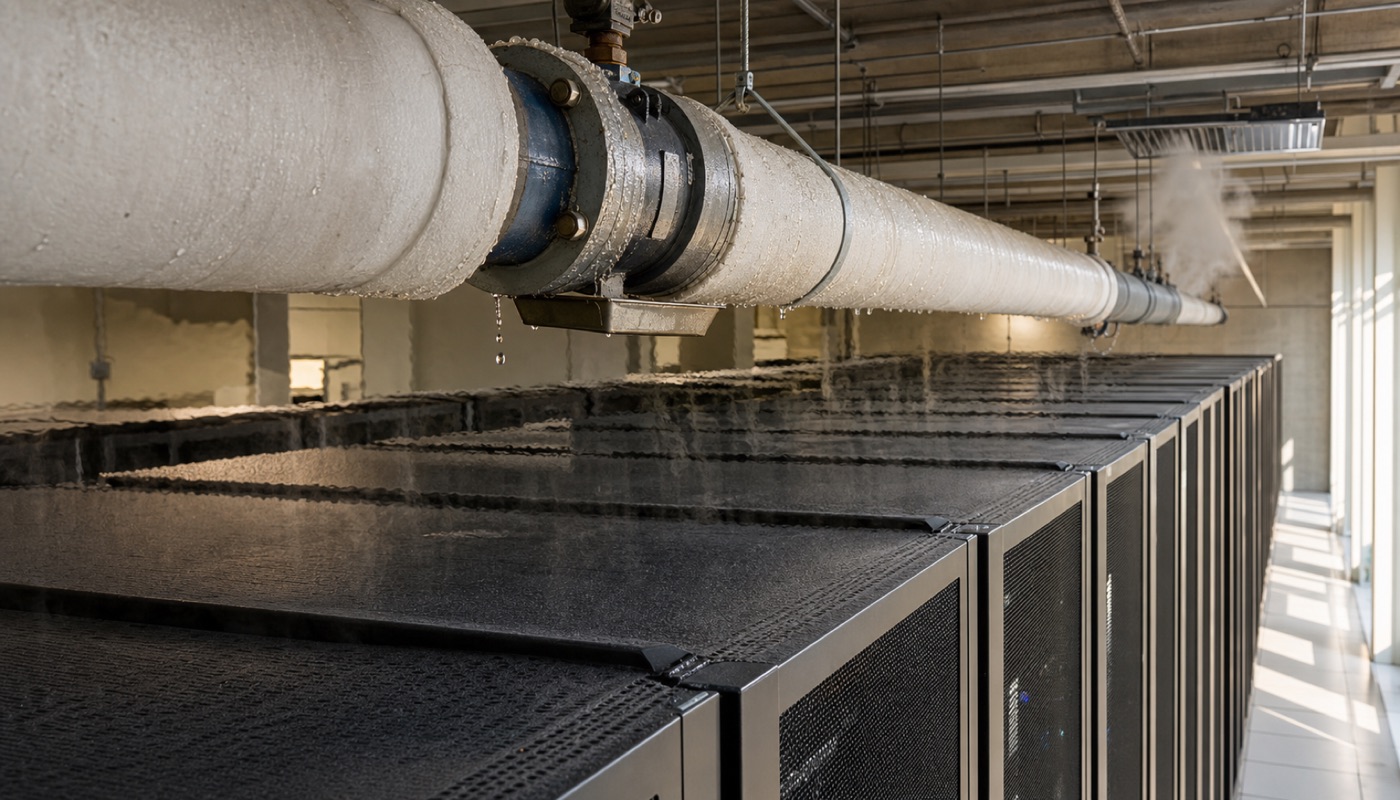 Inside one of these buildings: cooling pipes running over rows of computers. This is the thing your state stops charging sales tax on.