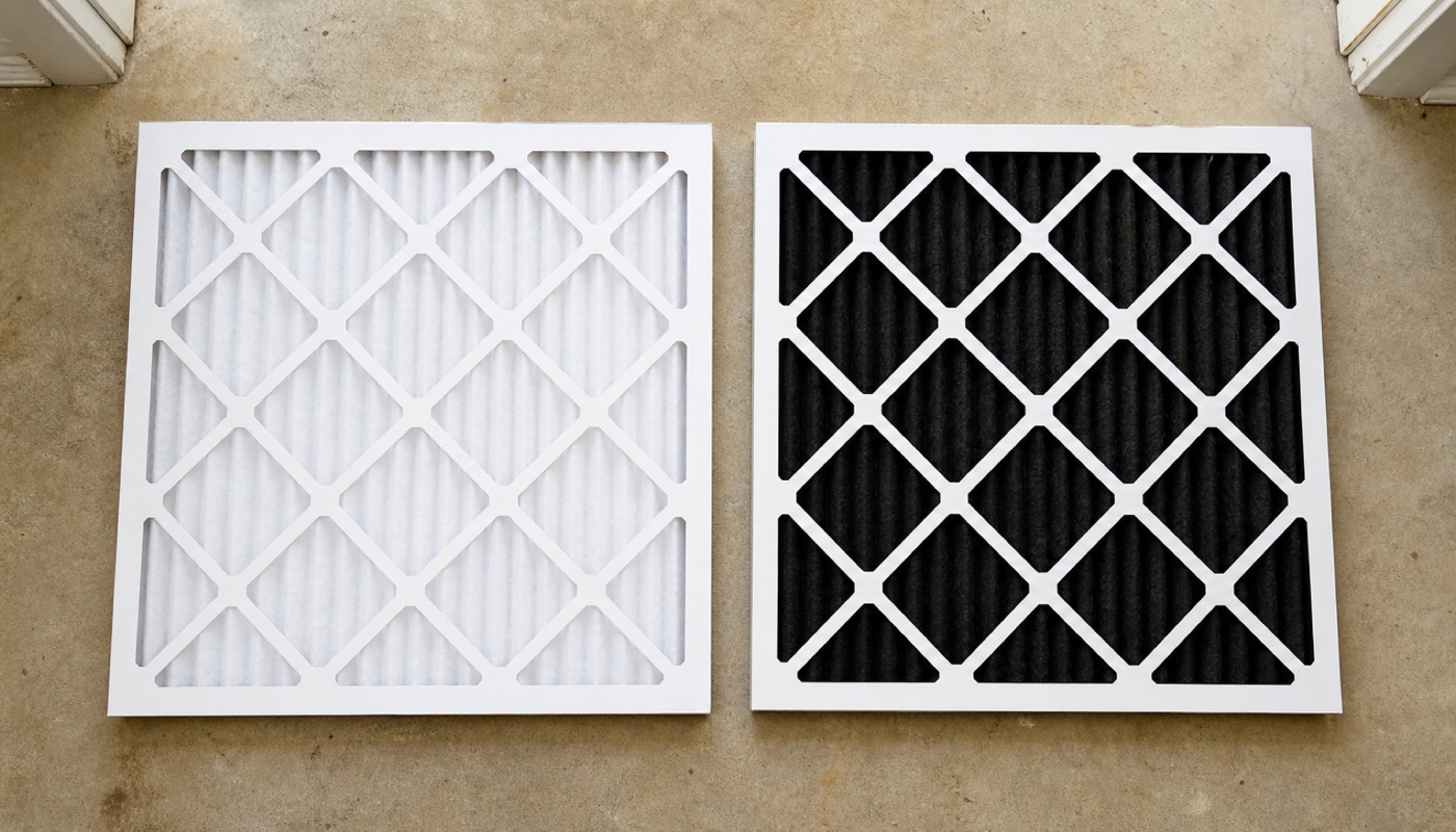 A field of backup generators. A house air filter from somebody living near one, next to a new filter.