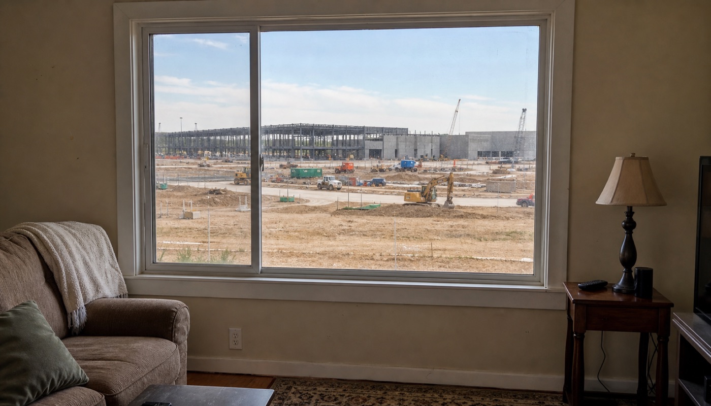 Somebodys living room, and the site going up outside the window.