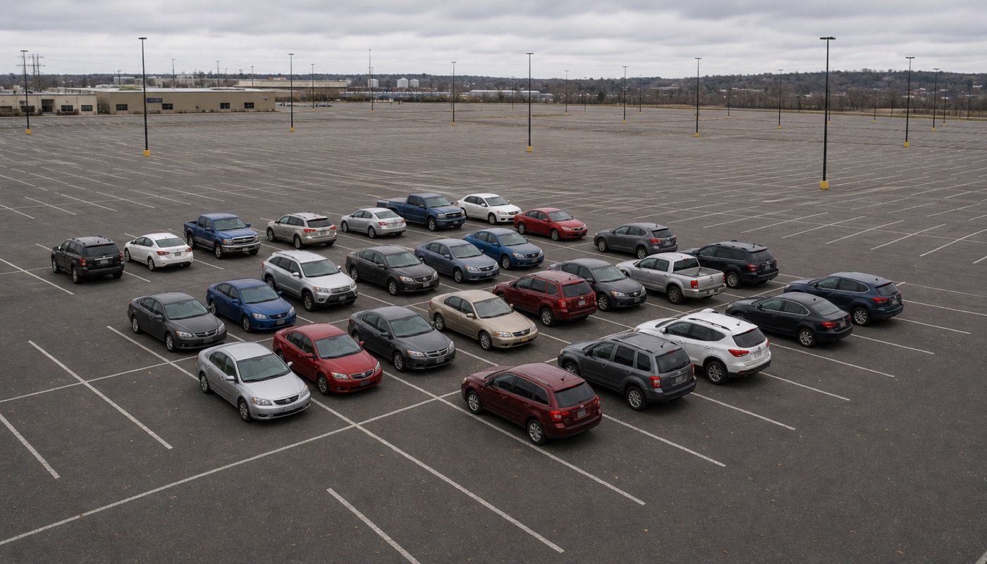 The building they showed the town. The staff parking lot on a working day.
