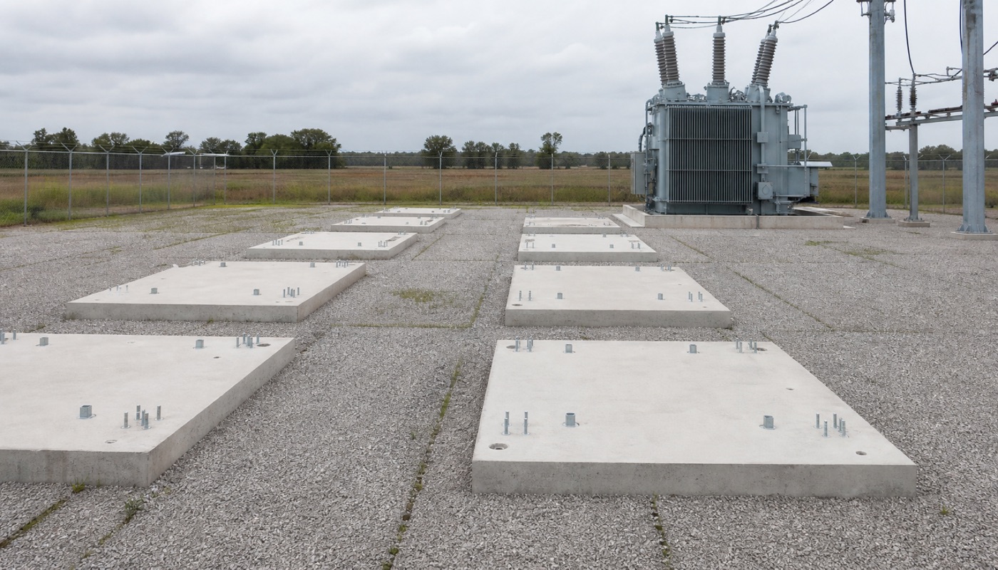Concrete pads poured for equipment that is not there yet. Somebody paid to hold that space.